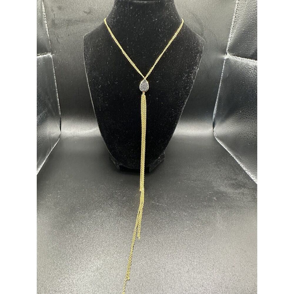 SONYA RENEE Womens Black Mindee Semiprecious Stone Tassel Y-Necklace Chain Gold